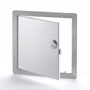 AHD-SS-85CKA- Flush Universal Stainless Steel Access Door with Exposed Flange. Mortise slam latch cylinder keyed alike. Pin hinge.