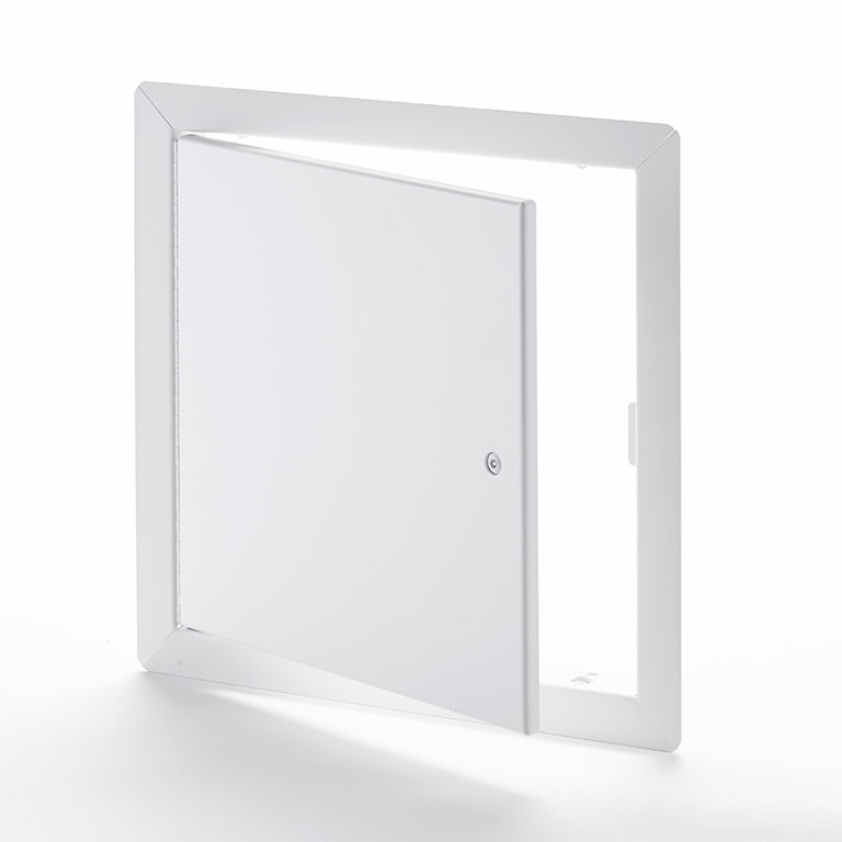 MDS-90- Medium-Security Flush Universal Access Door with Exposed Flange. Pinned hex head cam latch. Piano hinge.