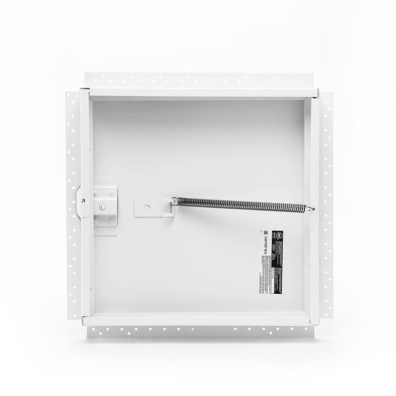PFN-GYP-00- Fire-Rated Uninsulated Access Door with Drywall Flange. Ring and self-latching tool-key operated slam latches. Piano hinge.